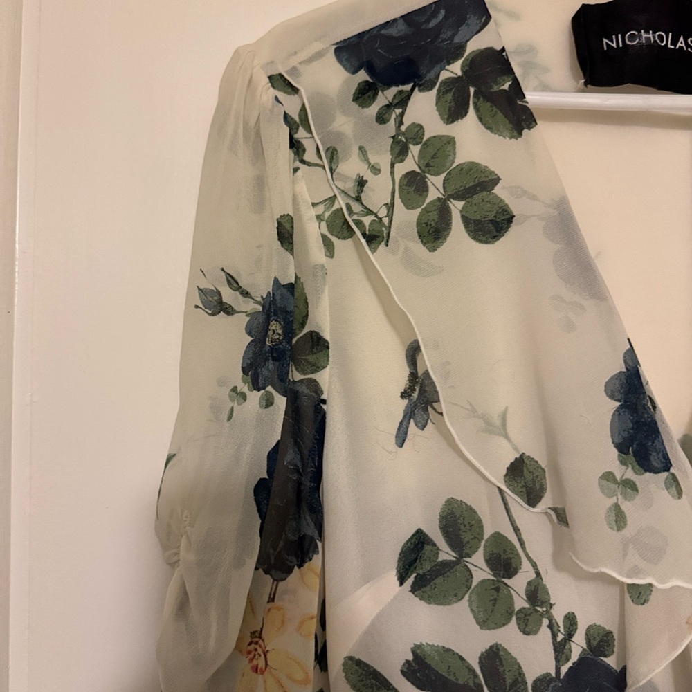 NICHOLAS Silk Wrap Floral Midi Dress - White and Blue - Picture 6 of 9